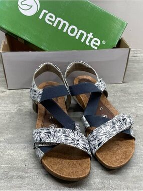 Remonte Floral Leather Strappy Sandals Womens 37 Navy Blue White 8837501
